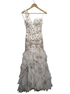 JOVANI Mermaid Wedding Dress 0 Champagne Nude Lace Ruffle One Shoulder Altered